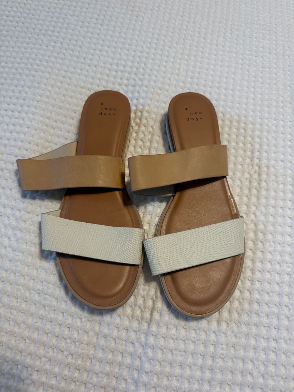 a new day Two-Band Slide Sandals in Taupe and Cream